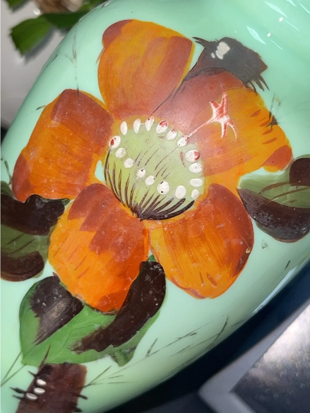 Antique Bristol Glass Ruffled Vase Hand Painted Floral Design
